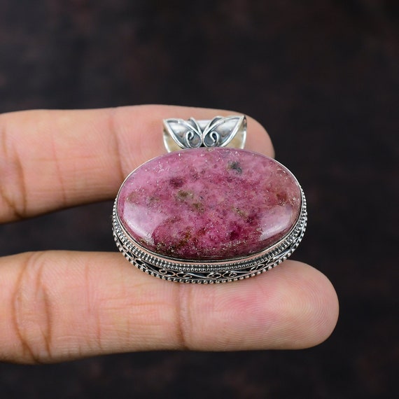 Handmade Rhodonite Pendant: Vintage 925 Sterling Silver Gemstone Jewelry