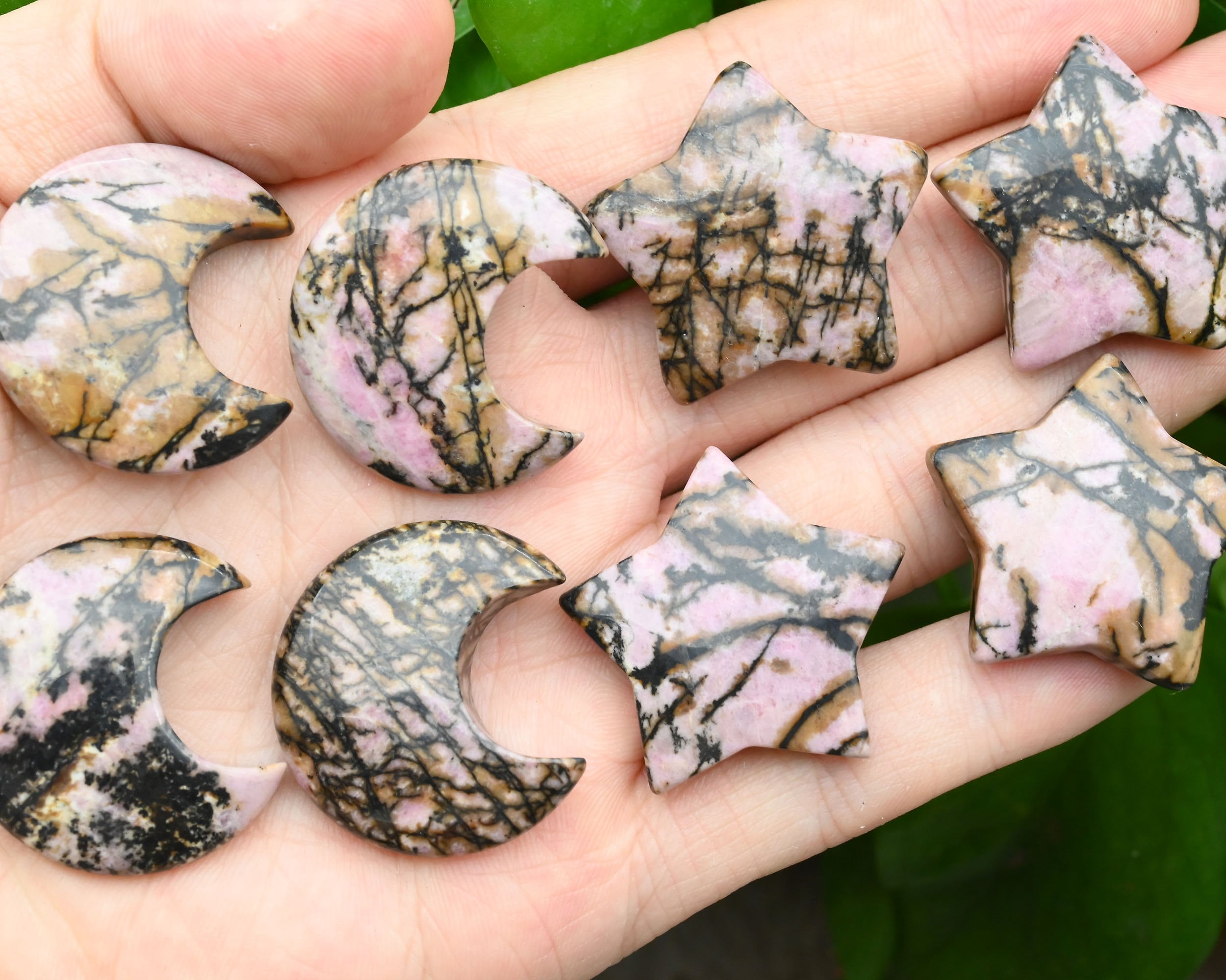 Rhodonite Moon / Star Pendants, No Hole Moon / Star Pendants, For Diy Jewelry Making, Wholesale Pendants, Gemstone Moon / Star Pendants, Gemstone Beads