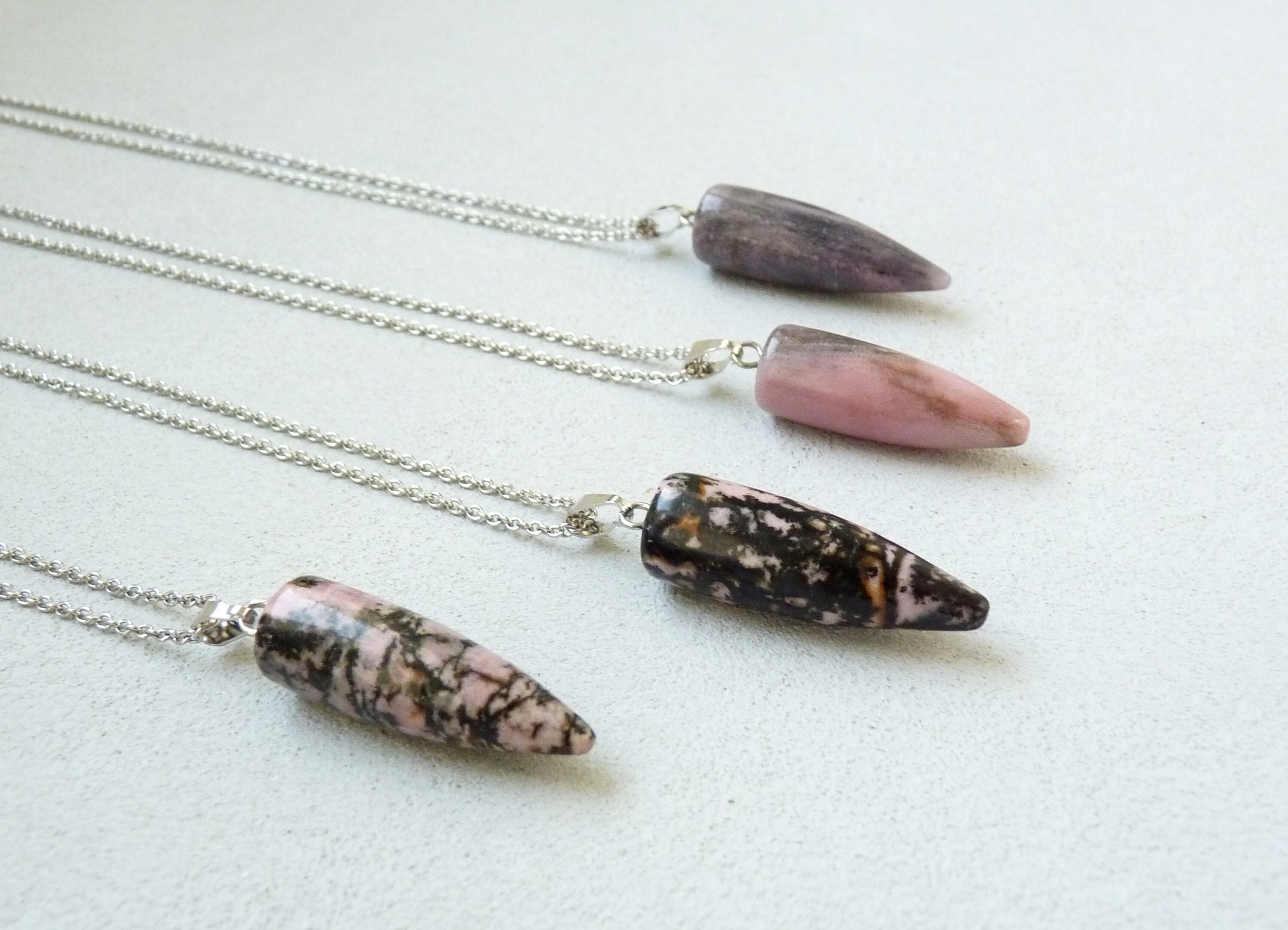 Rhodonite Necklace, Long Bullet Necklace, Rhodonite Silver Pendant Necklace, Men Women Necklace, Rhodonite Jewelry, Point Necklace