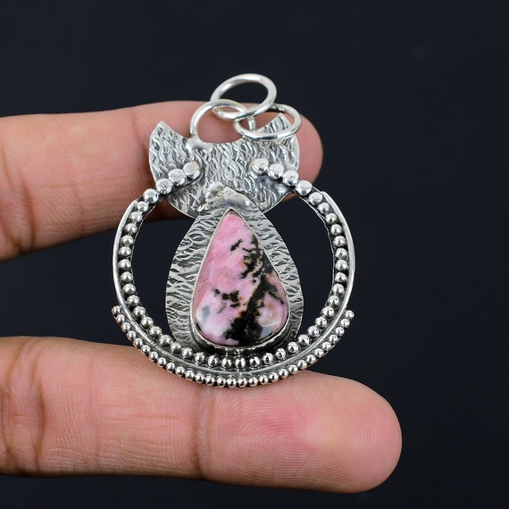 Rhodonite Pear Pendant, Handmade 925 Sterling Silver Jewelry