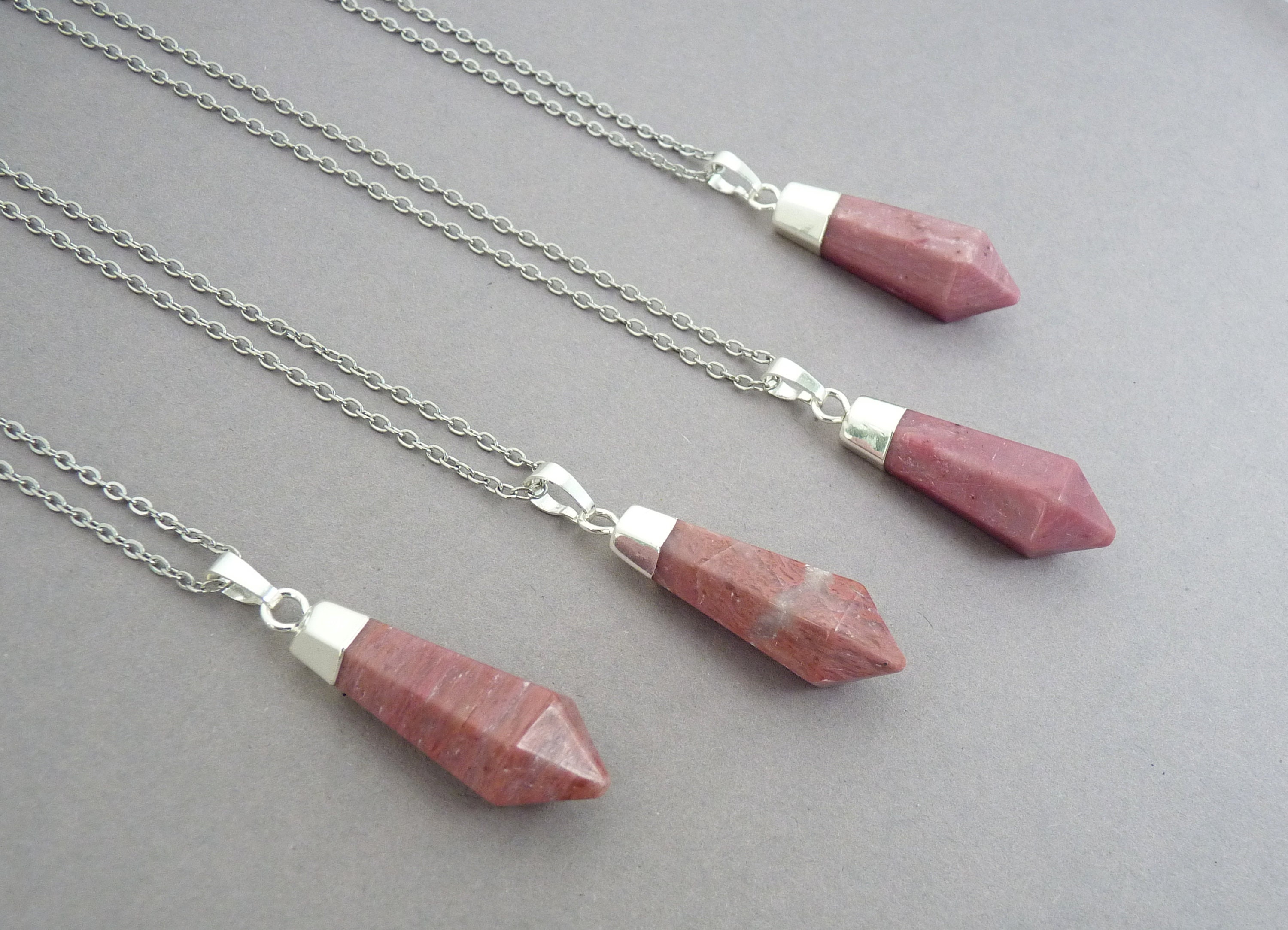 Rhodonite Silver Necklace, Pink Rhodonite Pendant, Long Bullet Pendant Necklace For Men Women Necklaces, Rhodonite Jewelry, Energy Crystals
