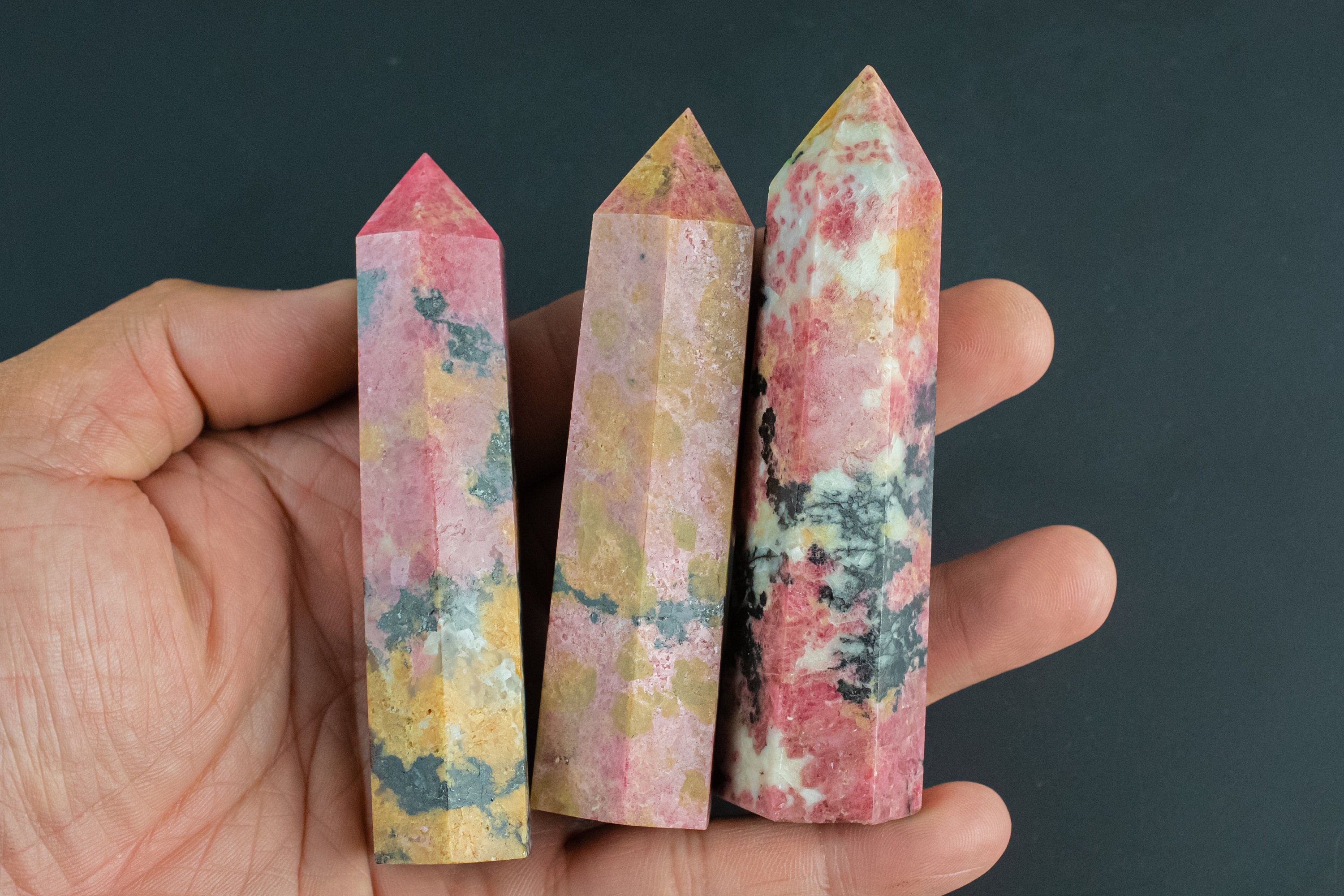 1 Pc Natural Cherry Rhodonite Quartz Obelisk Tower Point Wand Healing Crystal