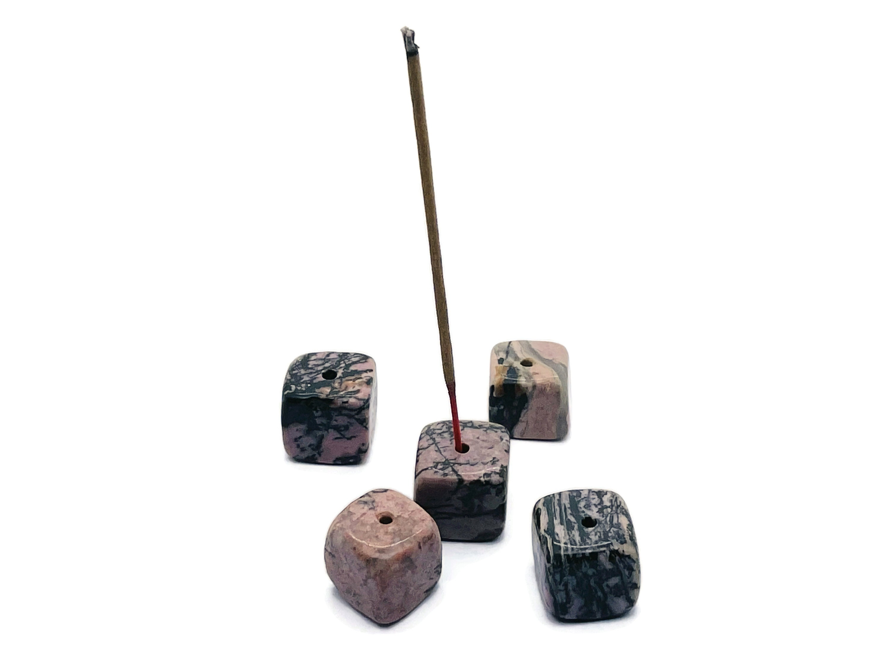 Rhodonite Crystal Incense Holder - Crystal Stone Incense Stick Holder - Polished Cube Incense Holder - Healing Stone - In1010