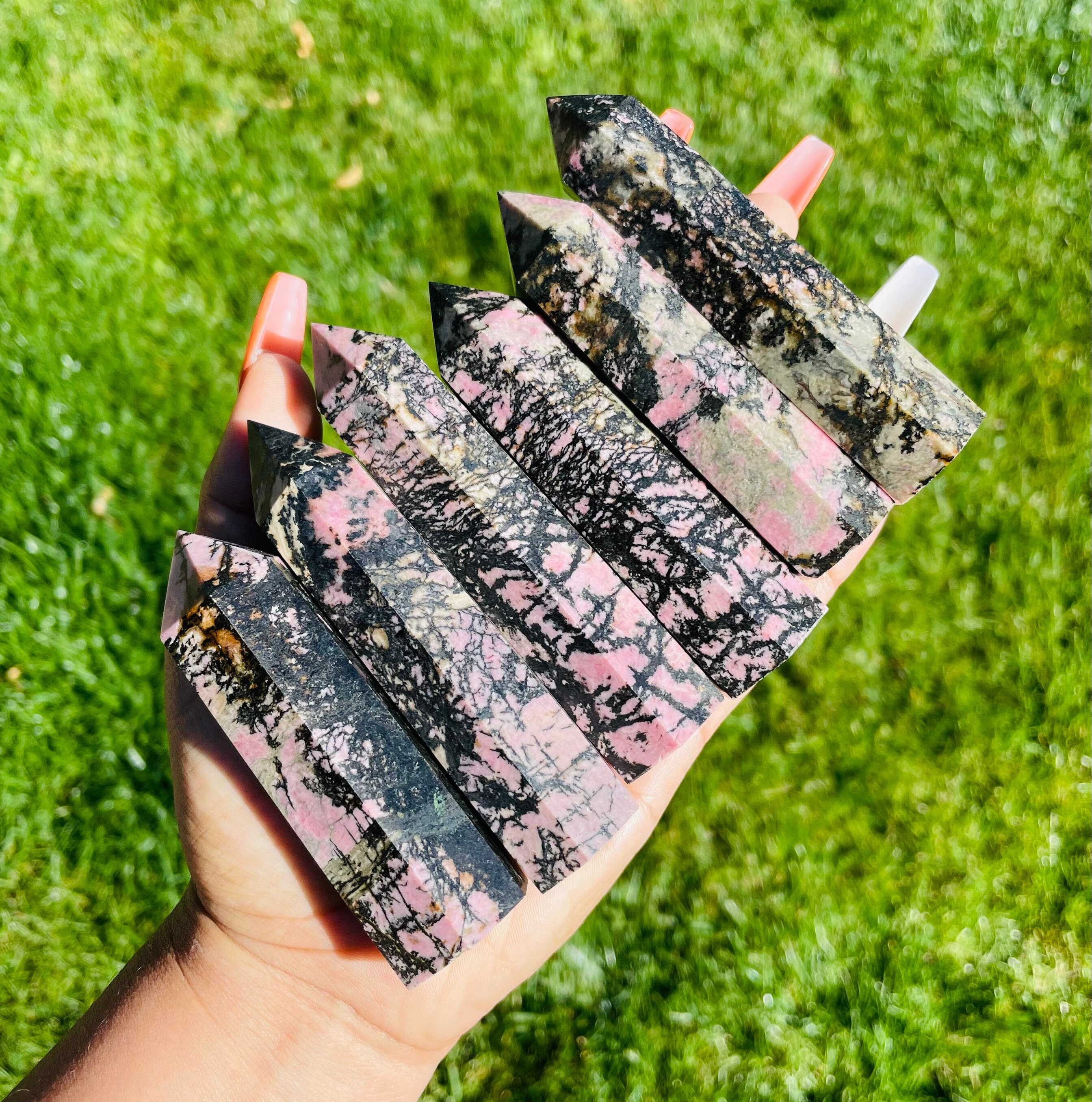 Polished Rhodonite Crystal Tower: Pink, Black & Gray Stone (7-12cm)