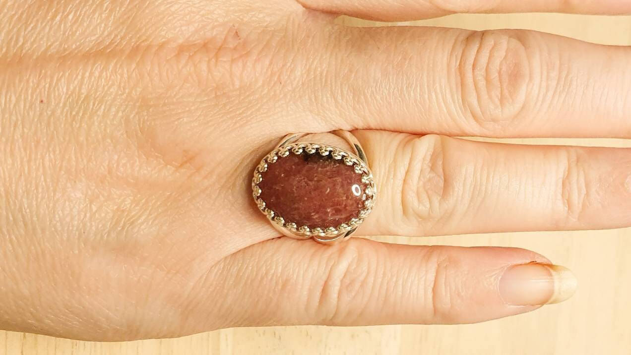Rhodonite Ring. 925 Sterling Silver. Reiki Jewelry Uk. Taurus Jewelry. Pink Adjustable Rings For Women. 18x13mm Stone