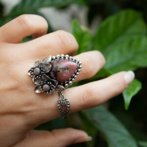 Floral Rhodonite Ring: Natural Stone, Sterling Silver Boho Ring