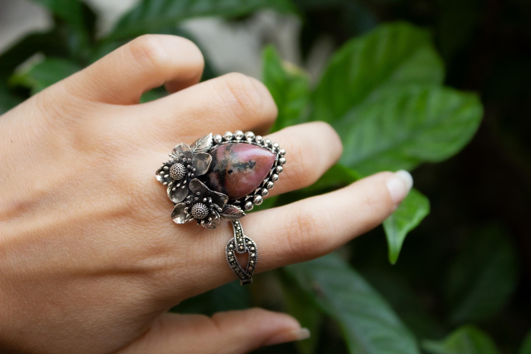 Floral Rhodonite Ring: Natural Stone, Sterling Silver Boho Ring