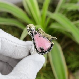 Handmade Rhodonite Ring: 18K Gold Plated 925 Sterling Silver, Adjustable