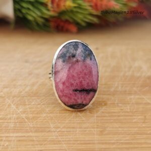 Handmade Rhodonite Ring: Oval Gemstone, 925 Sterling Silver Band