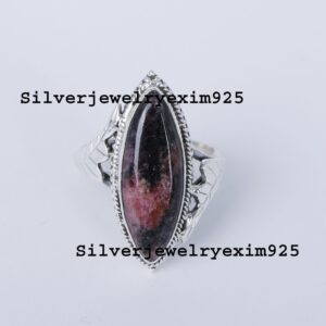 Handmade Pink Rhodonite Statement Ring: 925 Sterling Silver