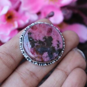 Handmade Rhodonite Ring: Sterling Silver, 18K Gold Honey Bee Accent