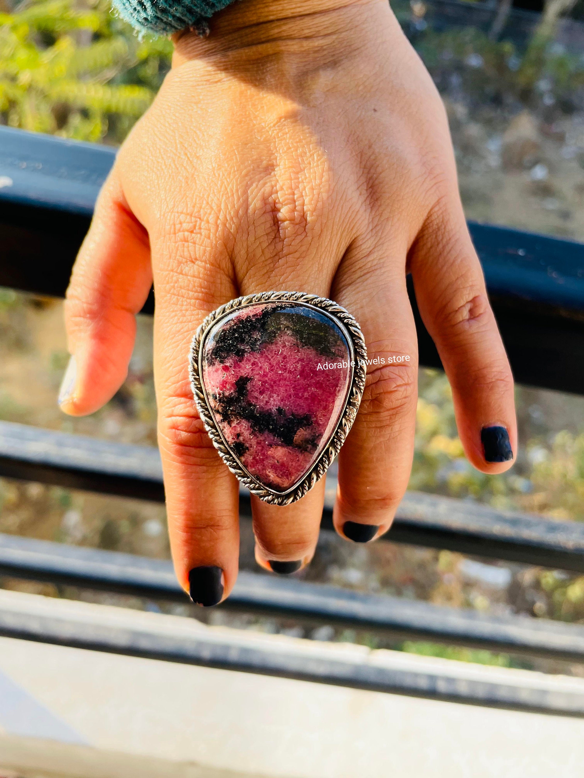 Handmade Rhodonite Sterling Silver Ring: Artisan Boho Jewelry