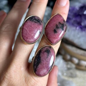Large Rhodonite Adjustable Ring, 925 Sterling Silver