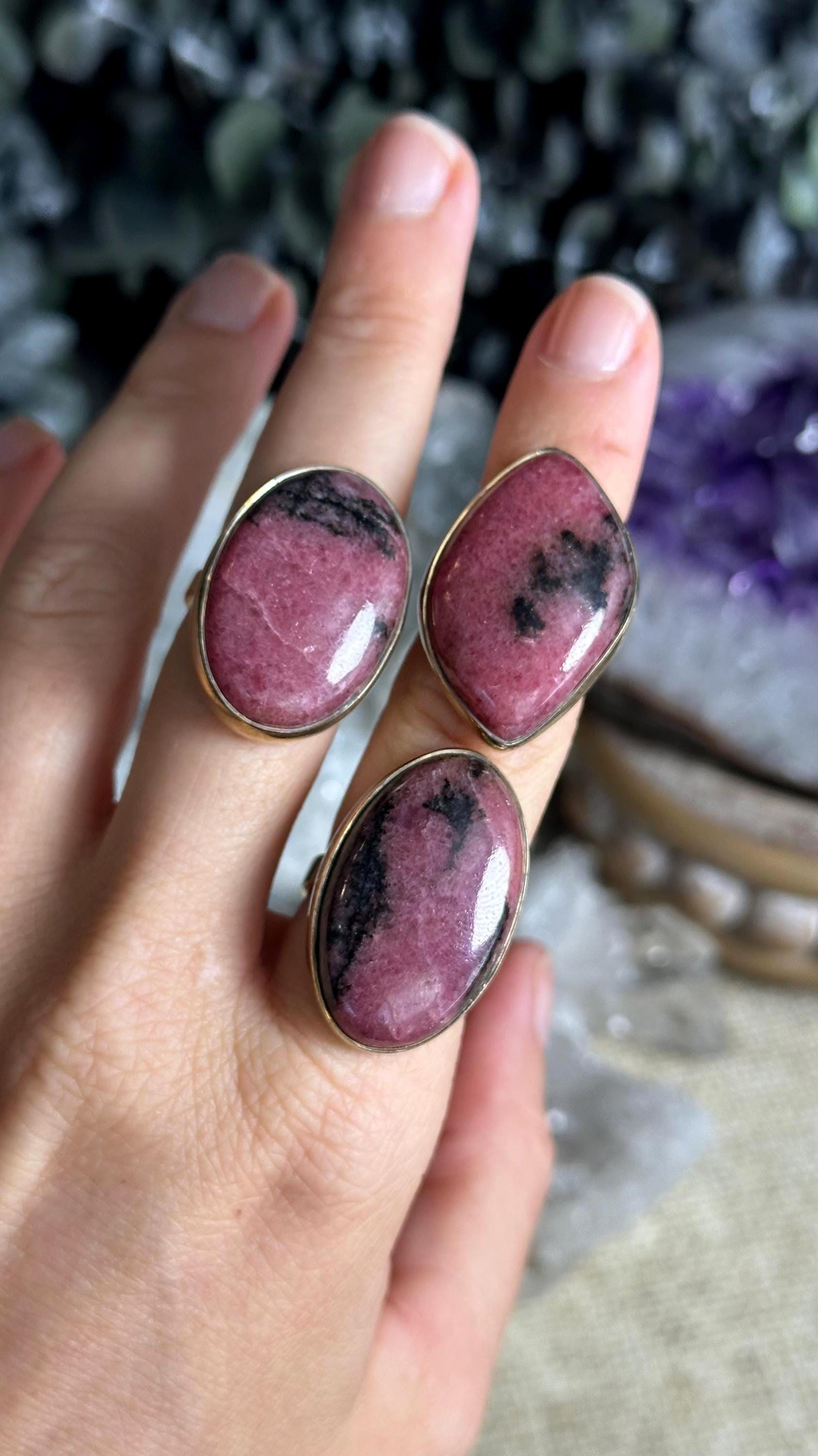 Large Rhodonite Adjustable Ring, 925 Sterling Silver Large Rhodonite Adjustable Ring, 925 Sterling Silver