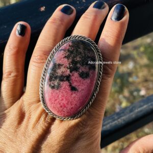 Large Rhodonite Ring: Handmade 925 Sterling Silver Boho Jewelry