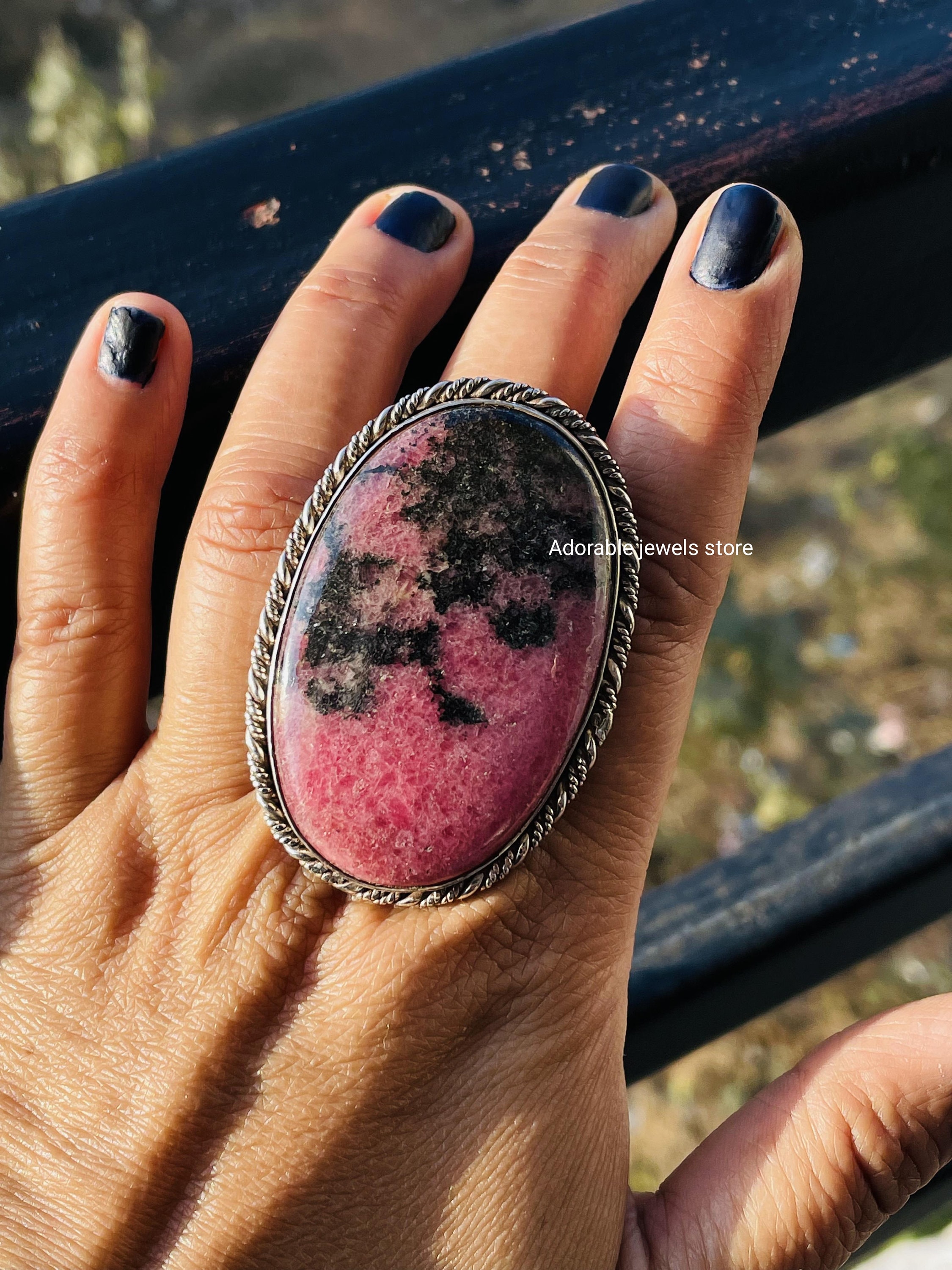 Large Rhodonite Ring: Handmade 925 Sterling Silver Boho Jewelry
