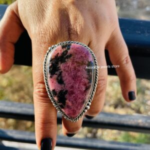 Large Rhodonite Ring: Pear Gemstone, 925 Sterling Silver, Boho Jewelry