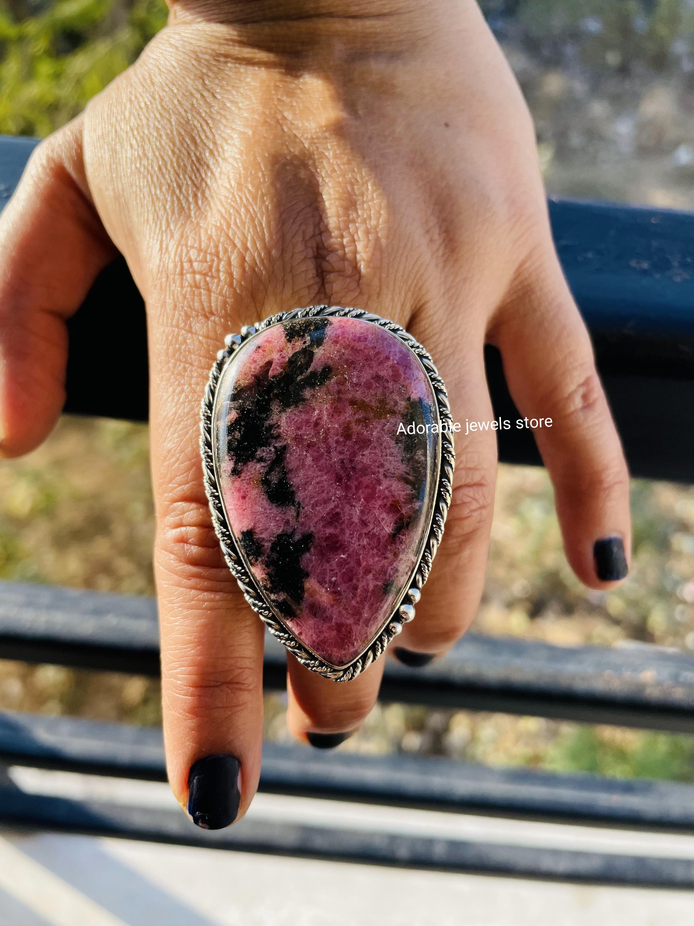 Large Rhodonite Ring: Pear Gemstone, 925 Sterling Silver, Boho Jewelry