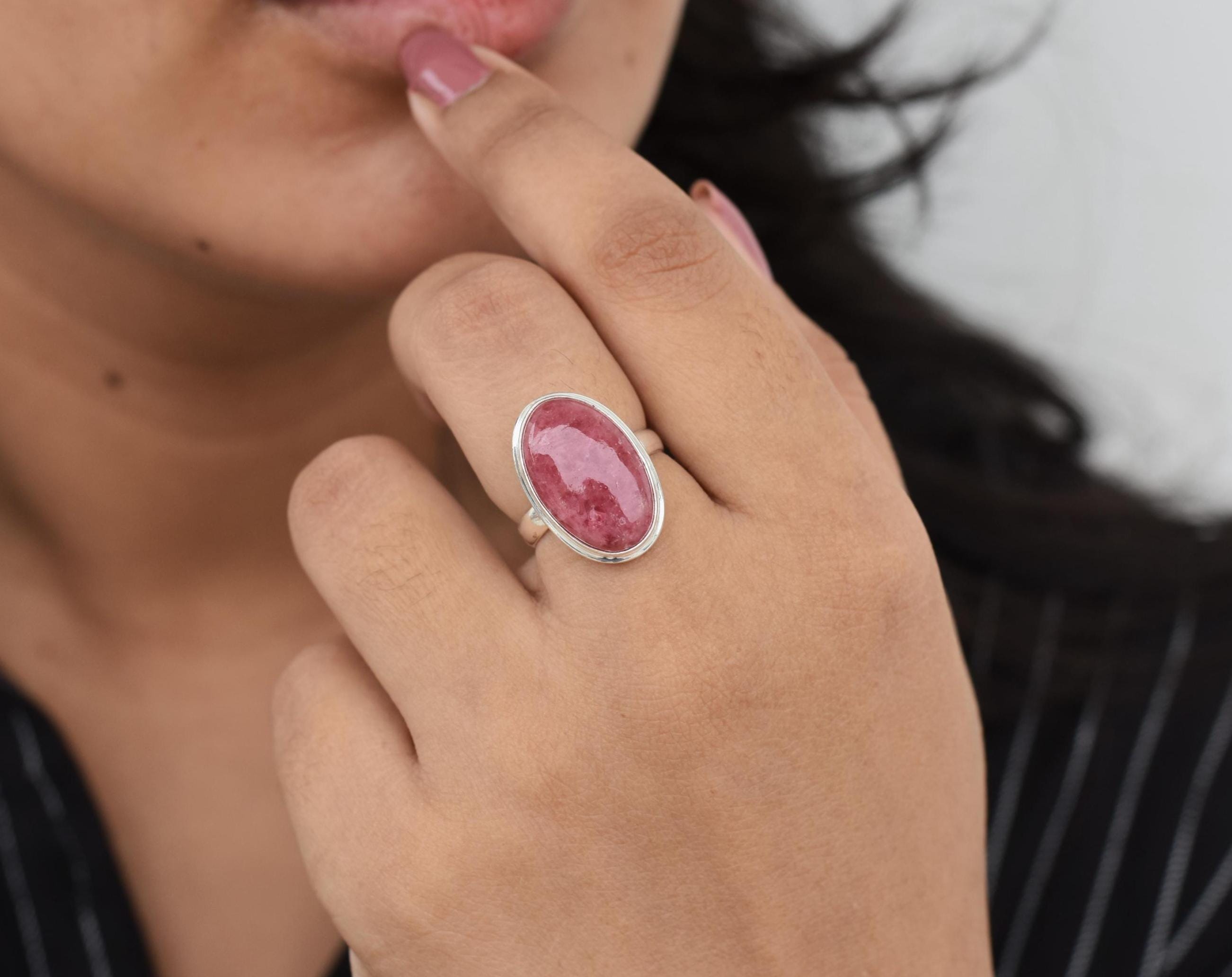 Natural Rhodonite Ring, Gemstone Jewelry, Oval Rhodonite, 925 Sterling Silver, Silver Gemstone Ring, Gift For Her, Rhodonite Jewelry, Dainty Natural Rhodonite Ring, Gemstone Jewelry, Oval Rhodonite, 925 Sterling Silver, Silver Gemstone Ring, Gift For Her, Rhodonite Jewelry, Dainty