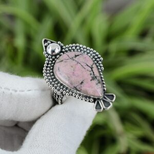 Pear Rhodonite Ring: Handmade 925 Sterling Silver, Size 9