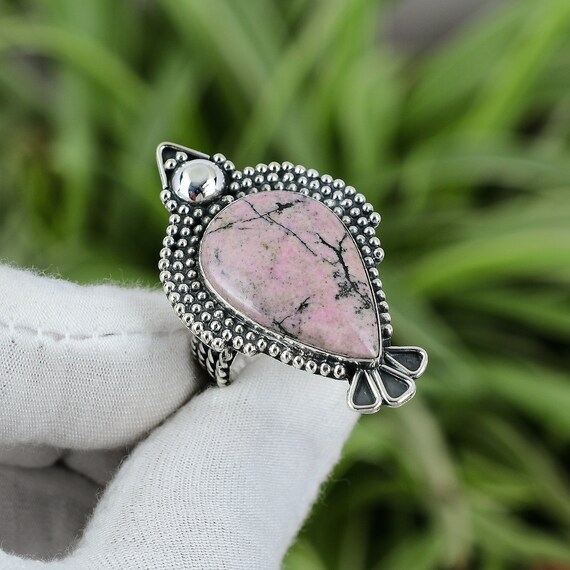 Pear Rhodonite Ring: Handmade 925 Sterling Silver, Size 9 Pear Rhodonite Ring: Handmade 925 Sterling Silver, Size 9