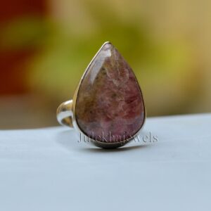Pear Rhodonite Ring: Sterling Silver, Gold Fill Statement Jewelry