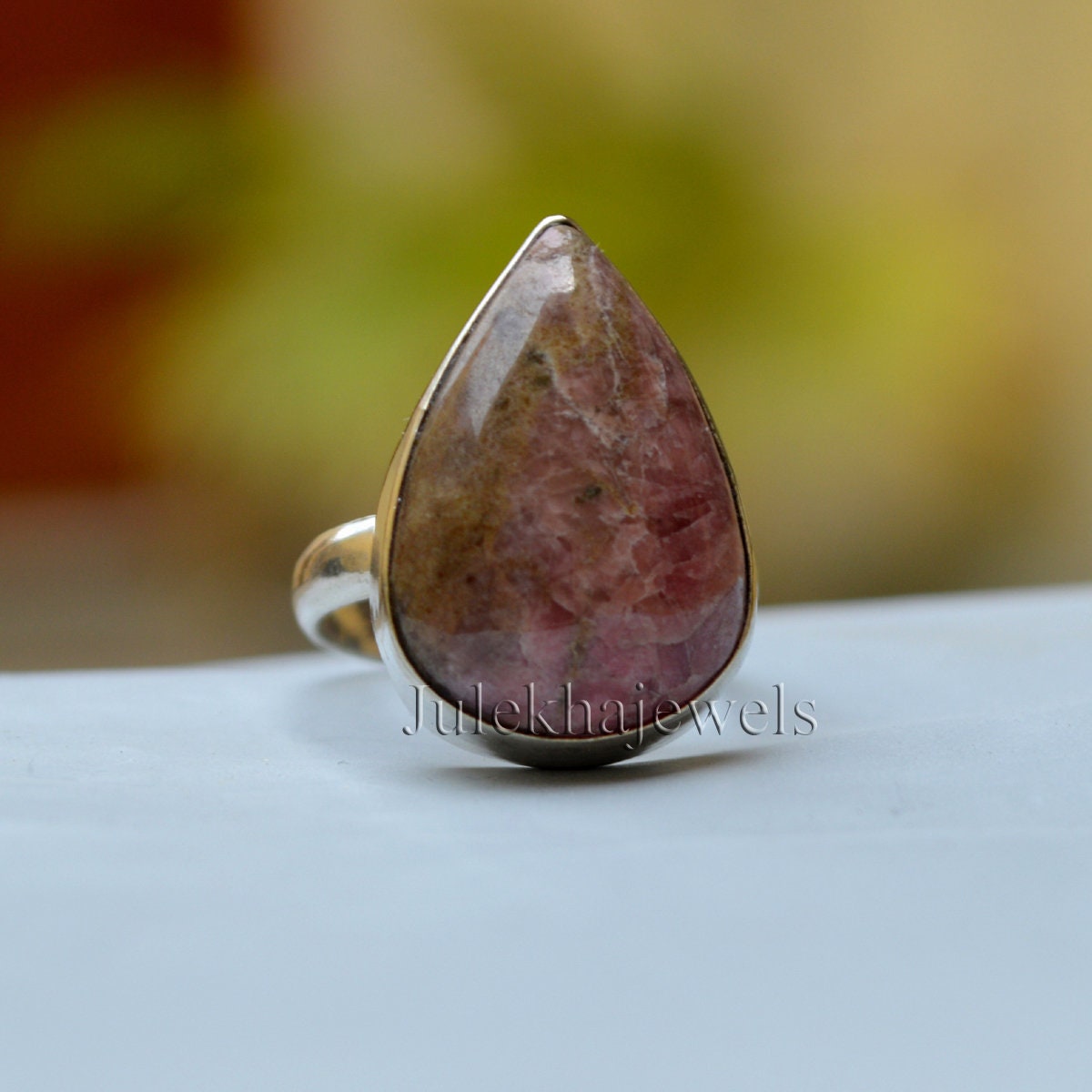 Pear Rhodonite Ring: Sterling Silver, Gold Fill Statement Jewelry