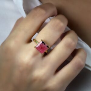 Pink Rhodonite Ring · Solitaire Engagement Ring · Stackable 18k Gold Gemstone Ring · Square Gemstone Ring