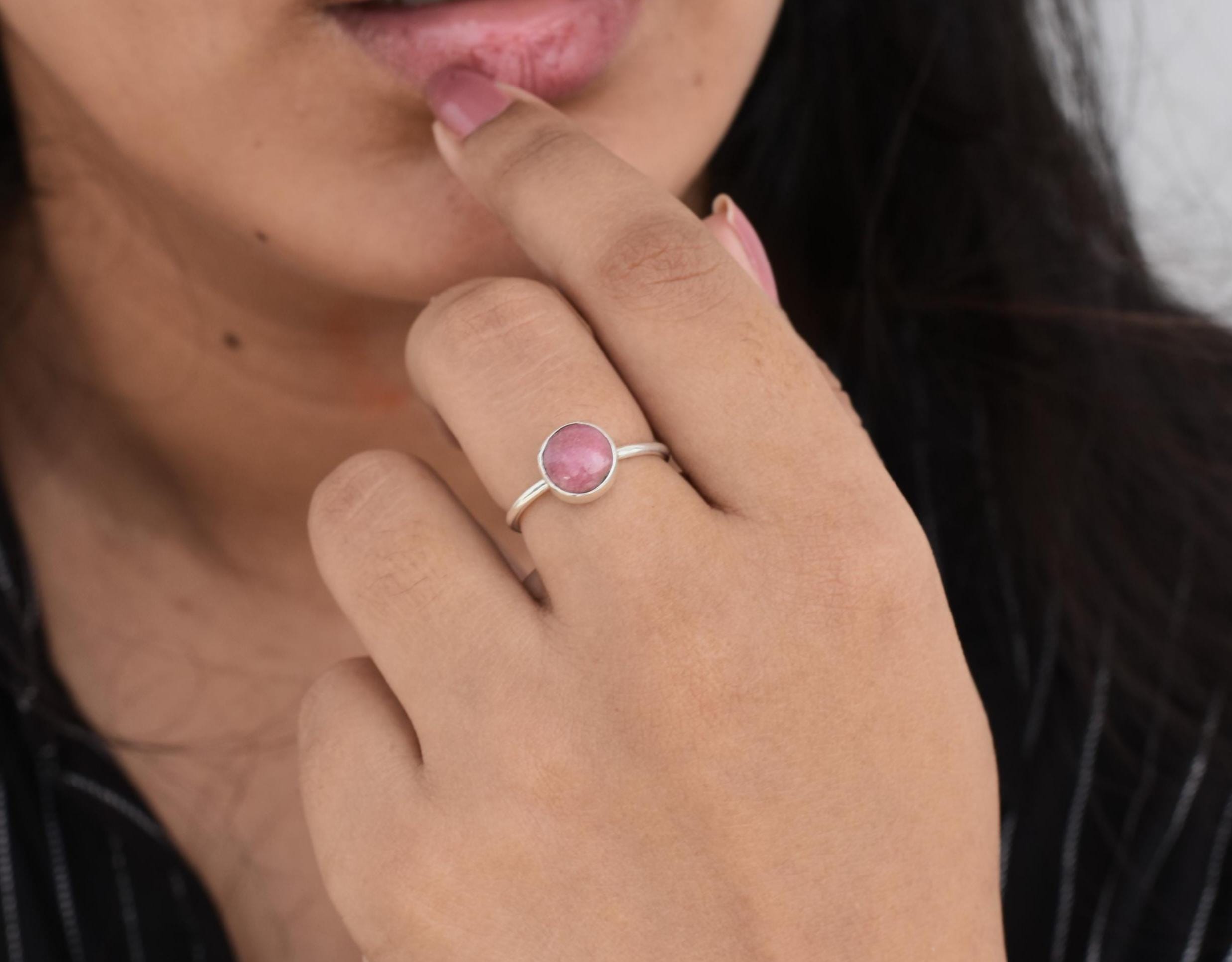 Silver Rhodonite Ring, Silver Handmade Ring, Round, Gift Ring, Ring For Her, Promise Ring, Wedding Ring, Statement Ring, Gift, Wife Ring Silver Rhodonite Ring, Silver Handmade Ring, Round, Gift Ring, Ring For Her, Promise Ring, Wedding Ring, Statement Ring, Gift, Wife Ring