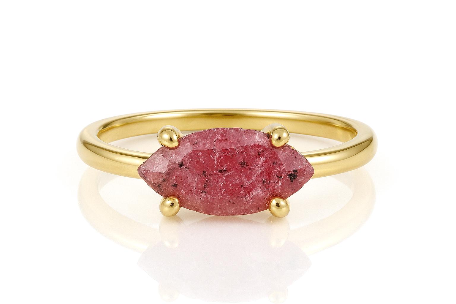 Solitaire Gold Marquise Ring · Pink Rhodonite Gold Ring · Real Gemstone Gold Ring · Marquise Cut Prong Cocktail Ring