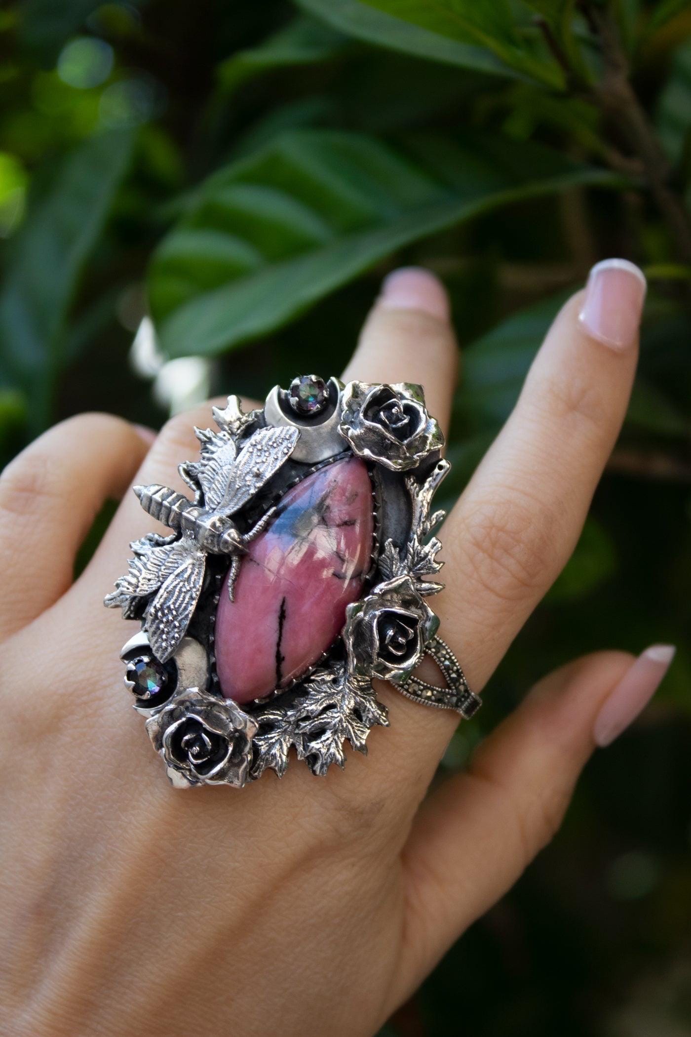 Rhodonite Sterling Silver Ring: Handmade Floral Bee Gemstone Ring