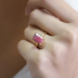 Rhodonite Ring · Rectangular Gold Gemstone Ring · 14k Engagement Ring · Pink Stone Promise Ring