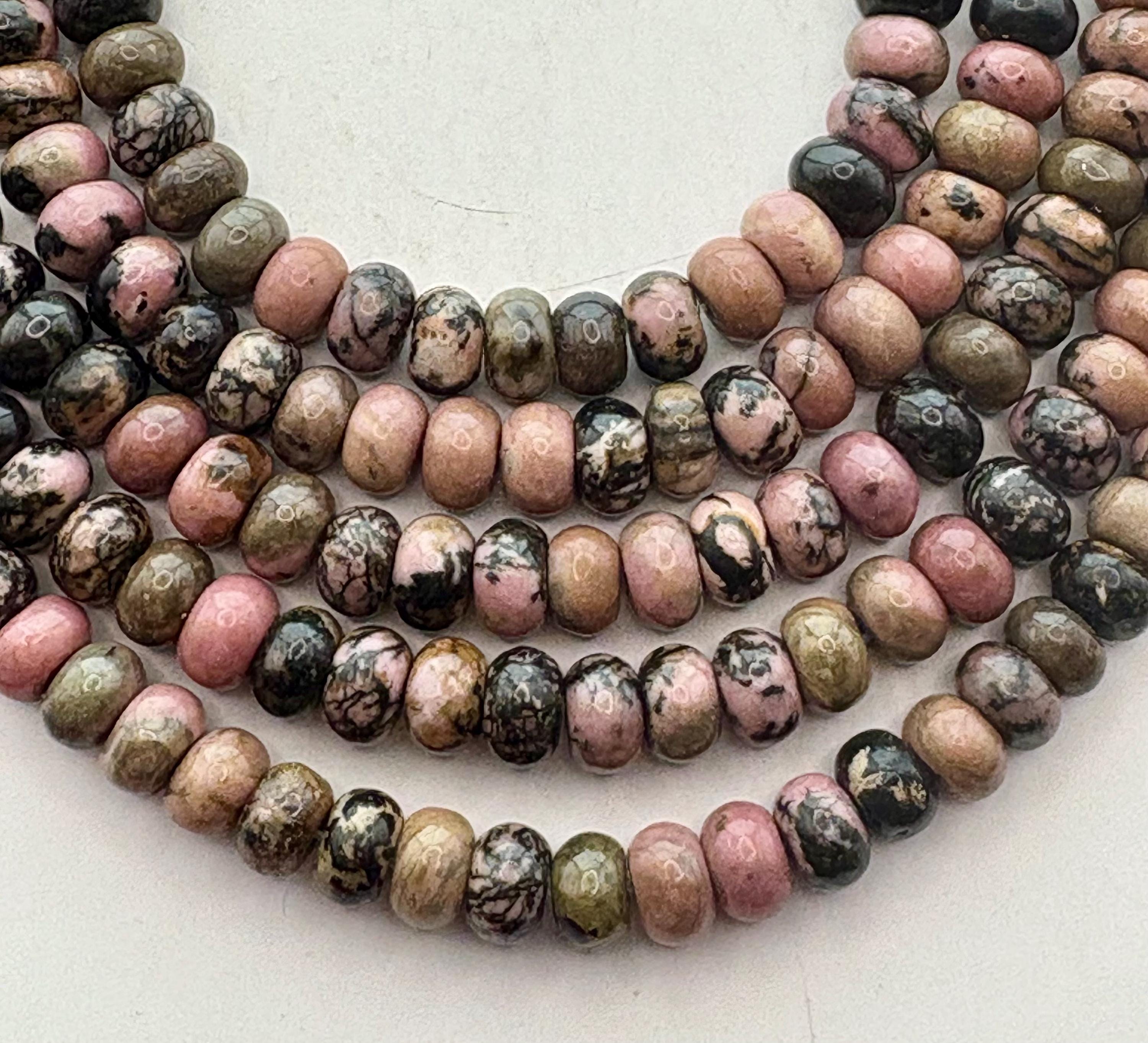 5x8mm Rondelle Rhodonite Gemstone Beads. 15" Strand Of High Quality Pink And Black Beads, Approx. 70 Per Strand.