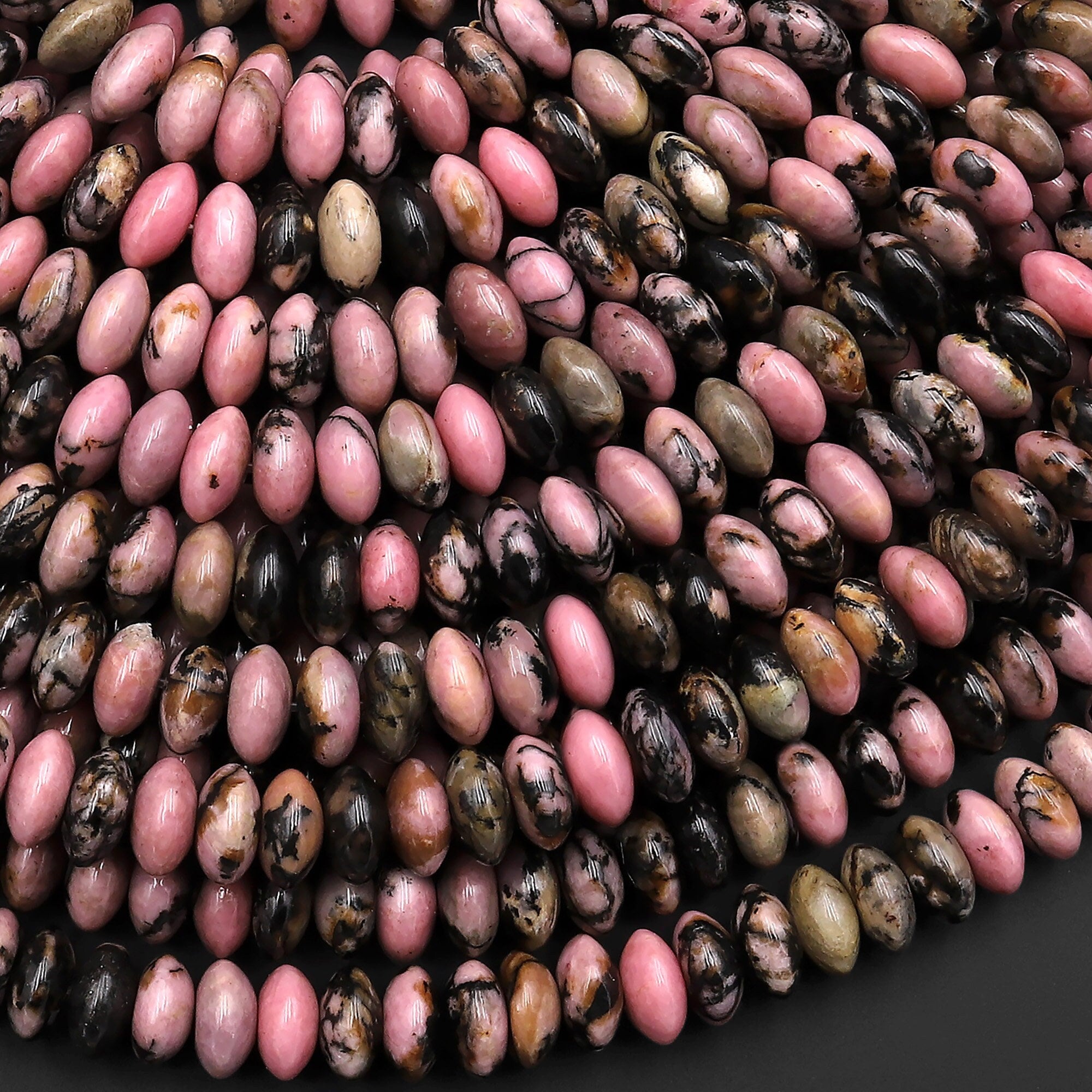 Aaa Natural Pink Rhodonite Beads 6mm Smooth Thin Rondelle Earthy Pink Interesting Black Matrix Beads 15.5" Strand