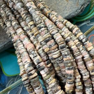 Natural rustic  Rhodonite pink black brown handcut round heishi rondelle Beads 4-5mm .4mm  hole