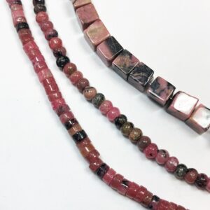 Russian Pink And Black Rhodonite Gemstone Beads. Full 15" Strand Of Beads, Available In 4mm Heishi, 4mm Rondelle And 6mm Cube.