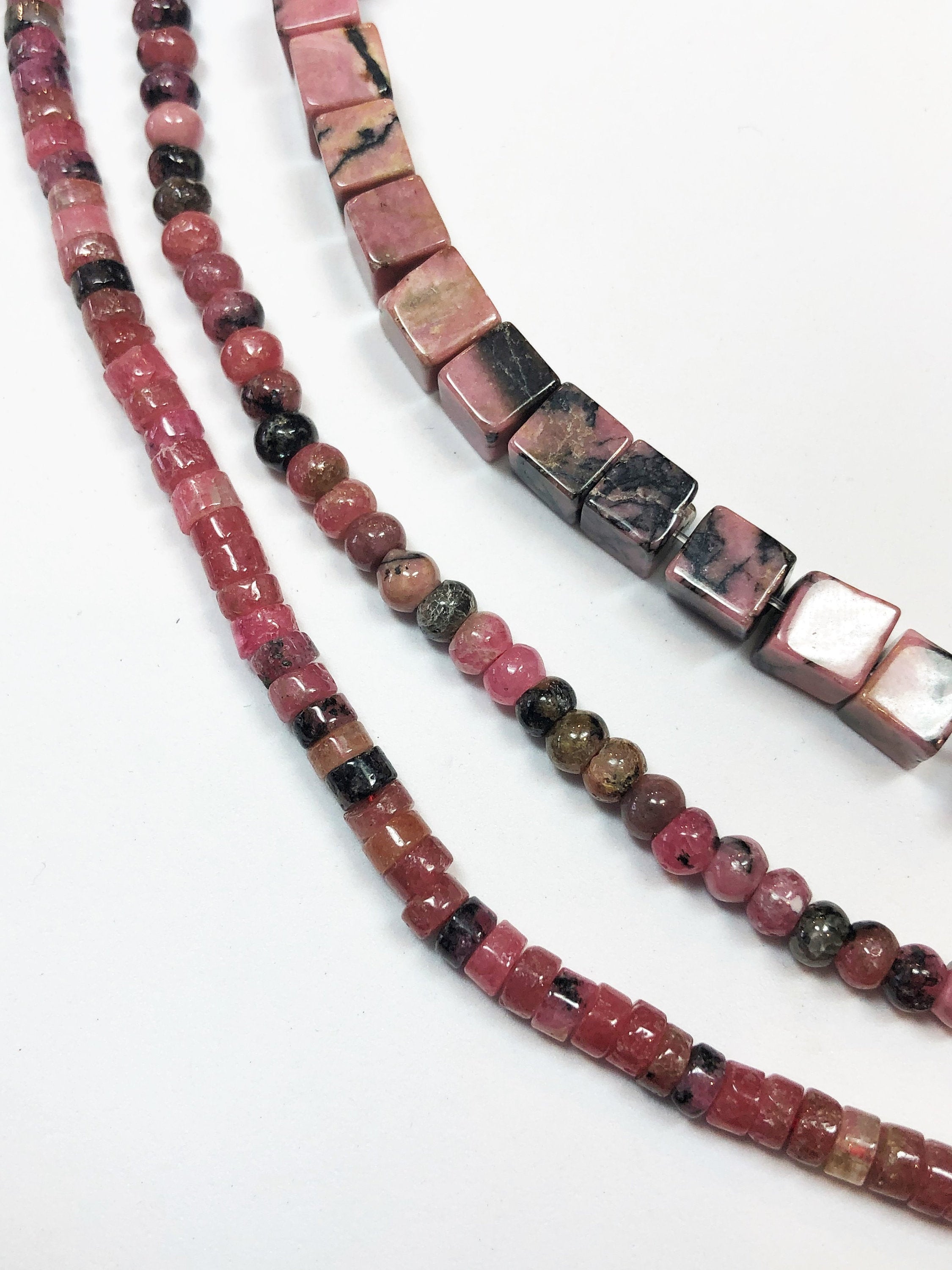 Russian Pink And Black Rhodonite Gemstone Beads. Full 15" Strand Of Beads, Available In 4mm Heishi, 4mm Rondelle And 6mm Cube.