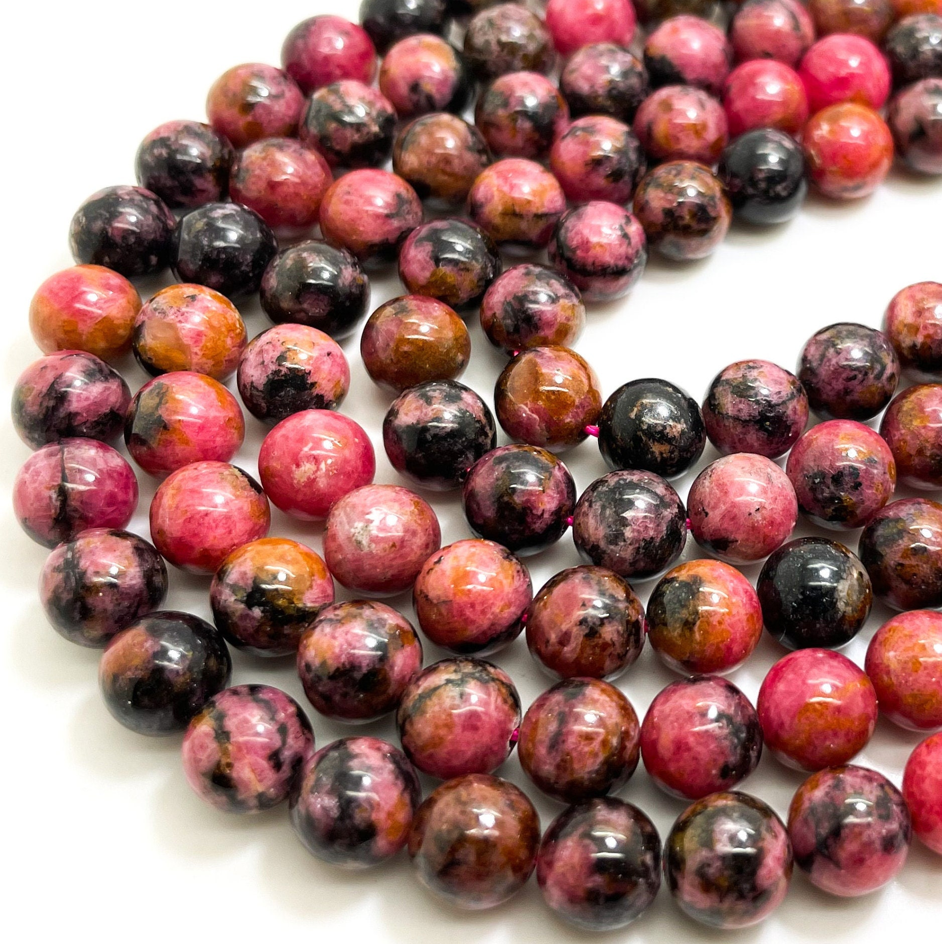 Rhodonite Beads, Natural Hot Pink Brazil Rhodonite Polished Round 8mm Gemstone Beads -  Pg286b