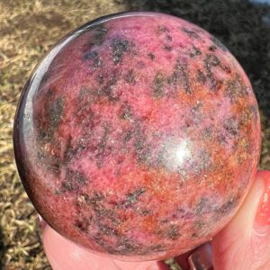 2.5" Rhodonite Sphere, Black Manganese, Sparkly Gemstone Sphere, Hot Pink Decor, Quartz, Pink With Green, Crystal Ball, #7