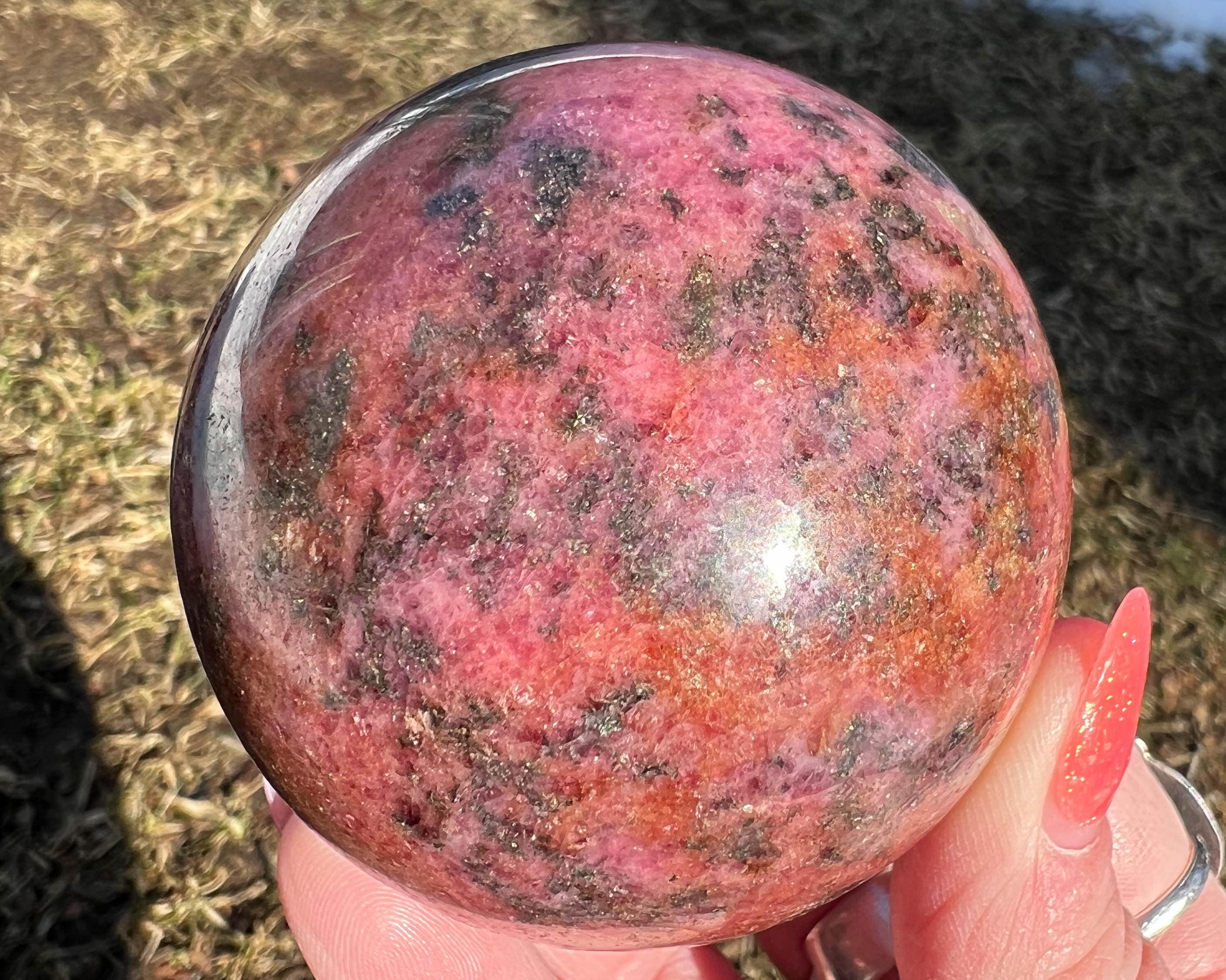 2.5" Rhodonite Sphere, Black Manganese, Sparkly Gemstone Sphere, Hot Pink Decor, Quartz, Pink With Green, Crystal Ball,  #7