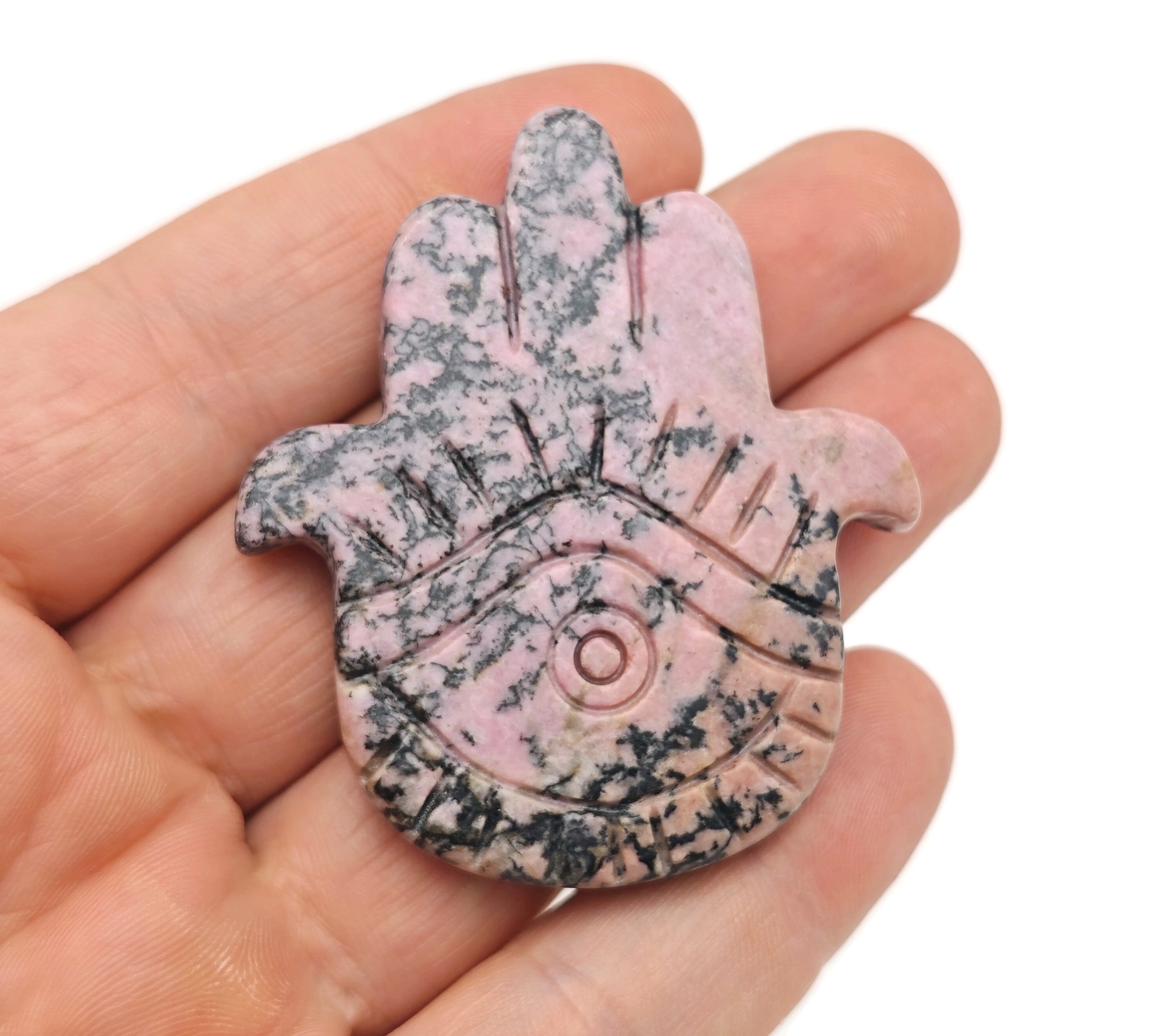 Rhodonite Evil Eye Hand Gemstone Carving - Pocket Crystal - Crystals Chakra - Meditation Crystal - Energy Gift For Her - El1014