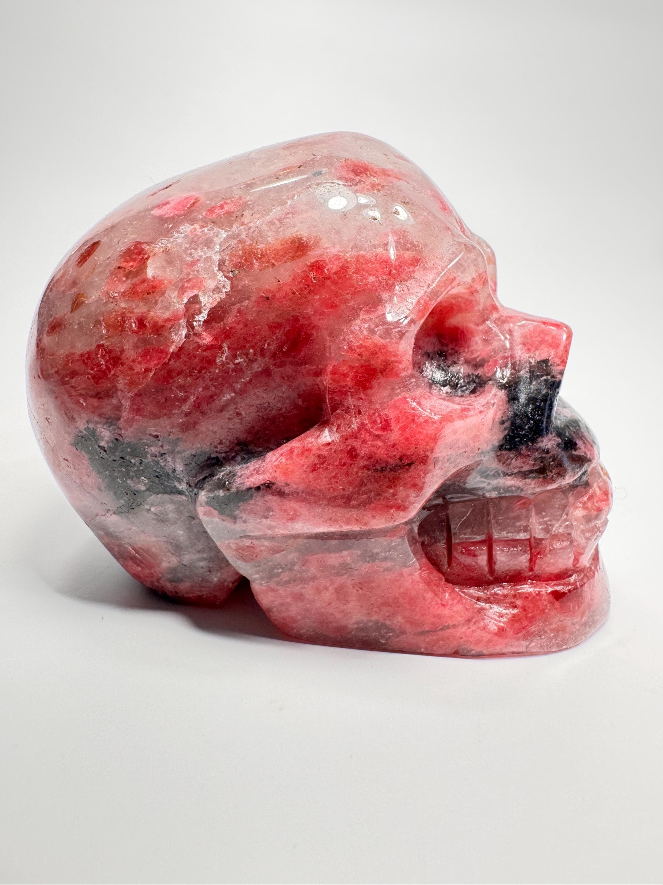 Gemmy Rhodonite Skull | Rhodonite In Quartz Crystal Skull | Rhodonite Crystal Skull | Realistic Human Skull Carving