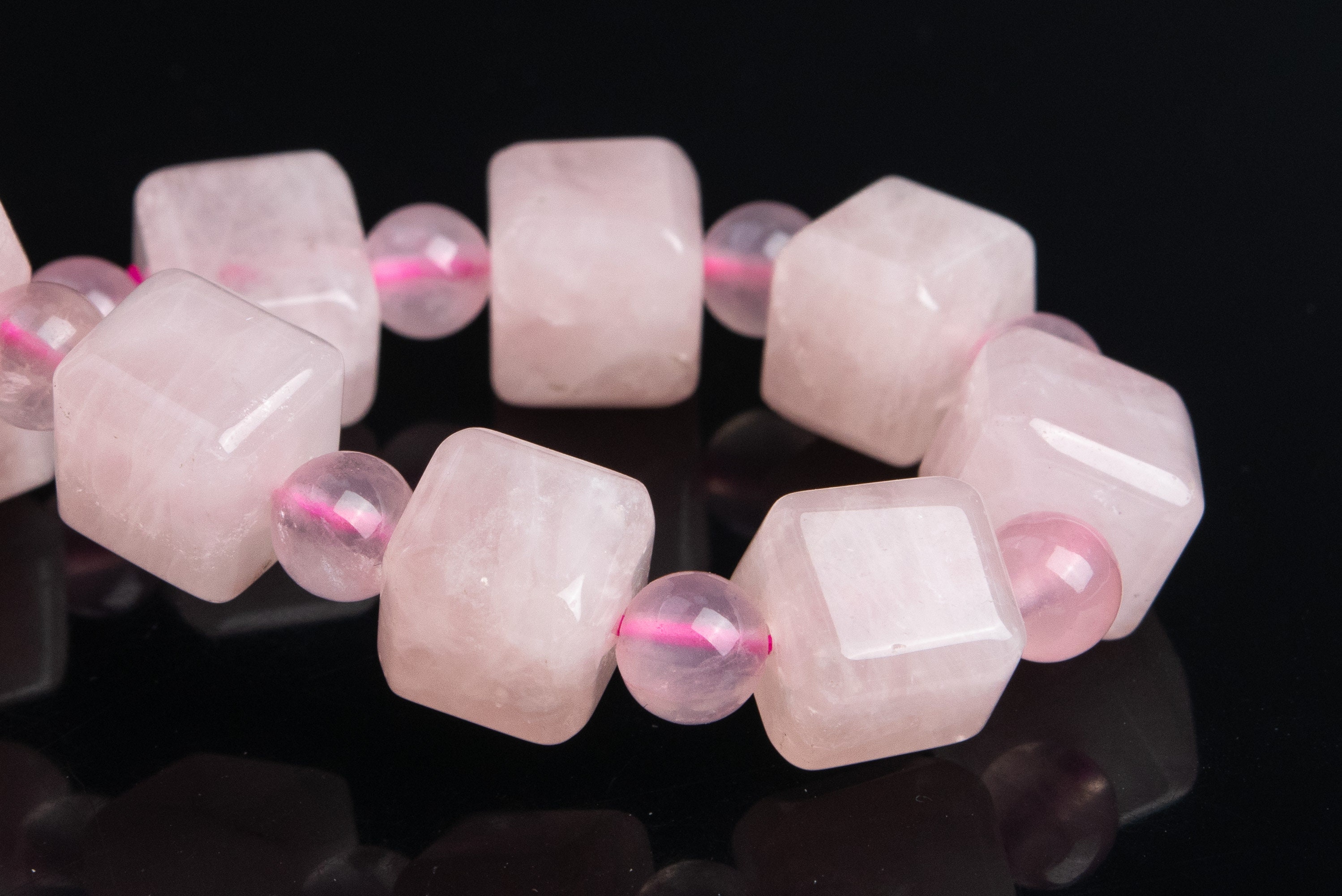 9mm Madagascar Rose Quartz Beads Bracelet Grade Aa Genuine Natural Beveled Edge Faceted Cube Gemstone 7" (119334h-2632)
