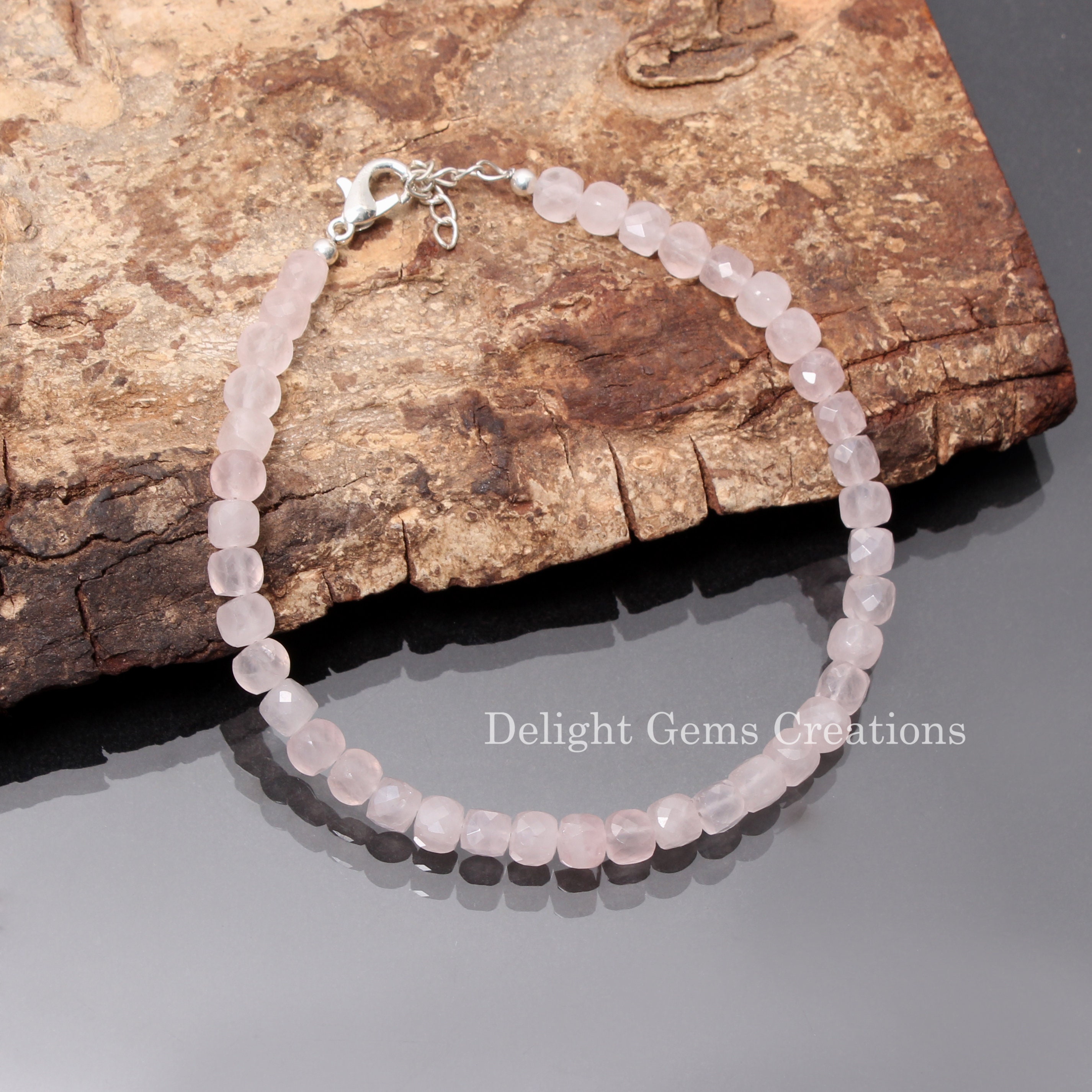 Rose Quartz Bead Bracelet 5mm Natural Rose Quartz Faceted Cube Beads Bracelet, Rose Quartz Beaded Bracelet, Aaa Quartz Jewelry Gift For Her