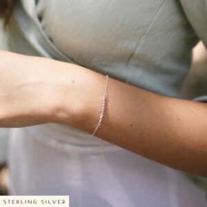 Rose Quartz Bead Bar Bracelet, Sterling Silver Crystal Jewelry, January Birthstone