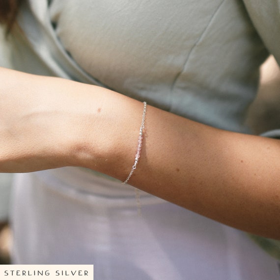 Rose Quartz Bead Bar Bracelet, Sterling Silver Crystal Jewelry, January Birthstone