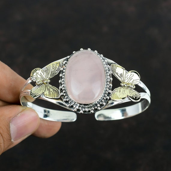 Rose Quartz Butterfly Bangle: Handmade 925 Sterling Silver 18k Gold Plated Cuff