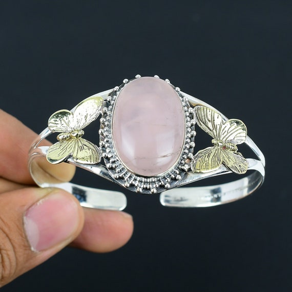 Rose Quartz Cuff Bracelet: Handmade 925 Sterling Silver Butterfly Bangle