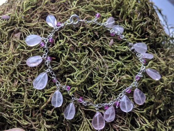 Dainty Bracelet, Rose Quartz, Hot Pink Quartz Briolette Gemstone Bracelet, Silver Jewelry, Birthday & Christmas Gifts Dainty Bracelet, Rose Quartz, Hot Pink Quartz Briolette Gemstone Bracelet, Silver Jewelry, Birthday & Christmas Gifts