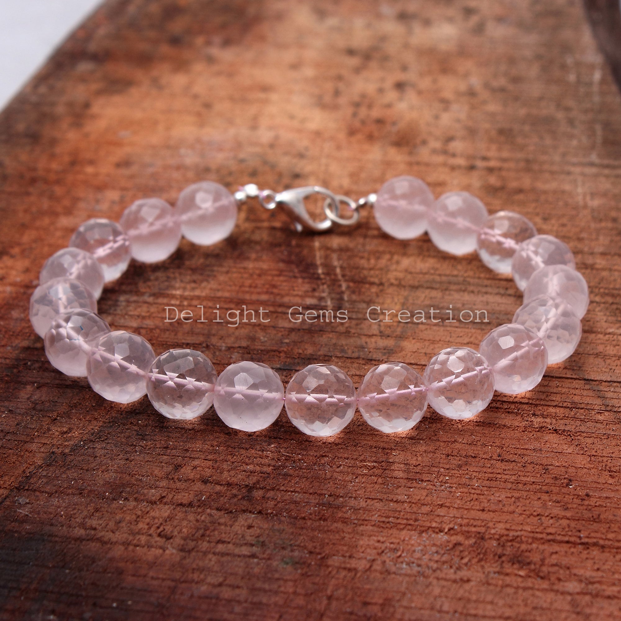 Faceted Rose Quartz Beaded Bracelet, Women's Jewelry, 8 Inch